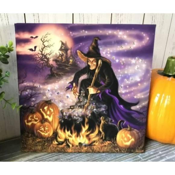 NEW WITCH BEADAZZLED All Hallow's Eve Print Framed Halloween Wall Decor - Picture 12 of 12